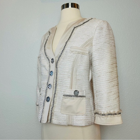 White House Black Market 2 Piece Pants Suit Size 4 Beige Tweed Embellished - Picture 5 of 15